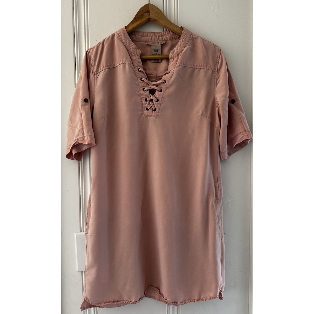 Philosophy Blush Pink Lace Up Tunic Dress Womens Medium Minimalist Boho Casual